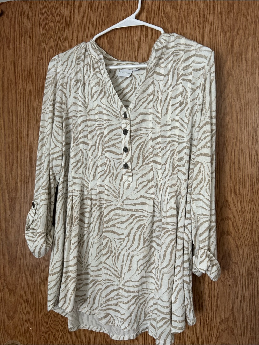 new directions Cream and Tan Animal-Print Button Henley Tunic